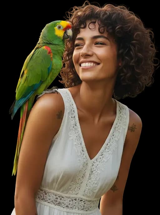 Customer with a hand-raised green parrot at Dubai Birds, Warsan 3 Dubai