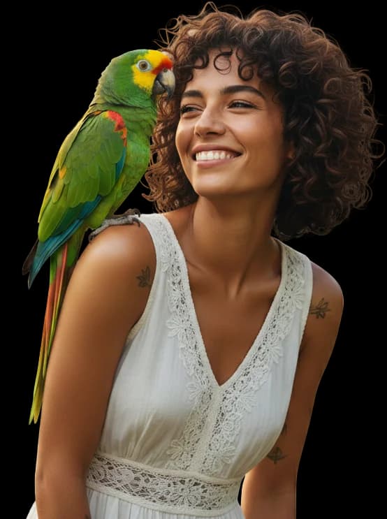 Woman holding a green parrot at Dubai Birds facility